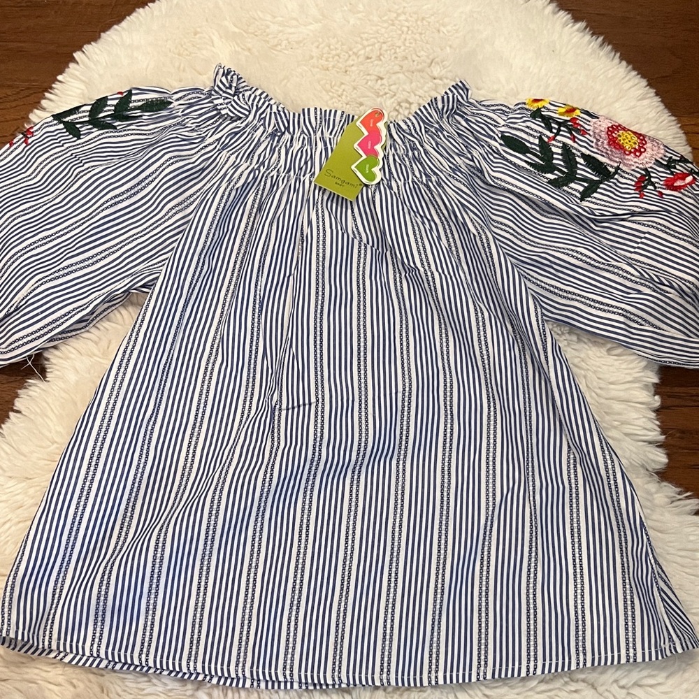 Striped Off-Shoulder Embroidered Top